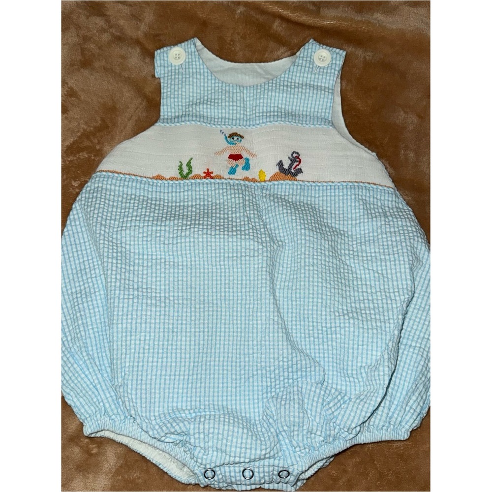Remember Nguyen Baby Boy Seersucker Smocked Scuba Diver Bubble Romper Blue 18M